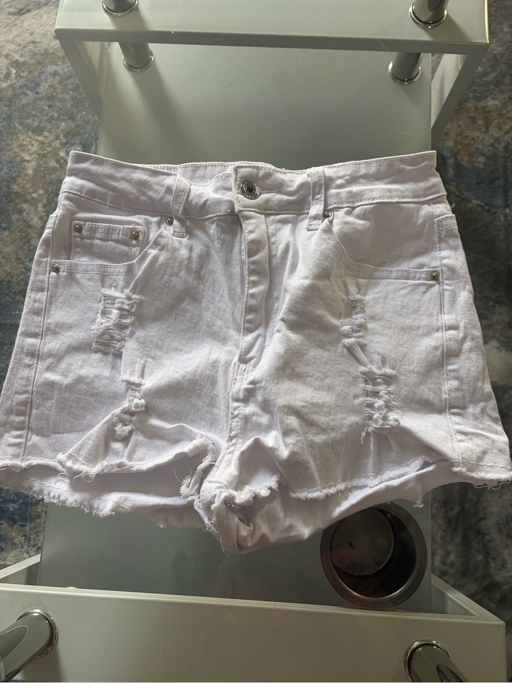SHEIN White Distressed Jean Shorts High-Waisted Frayed Hem